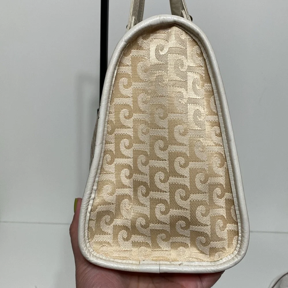 Vintage Pierre Cardin 1970’s Monogram Canvas and Leather Satchel Purse in Ivory